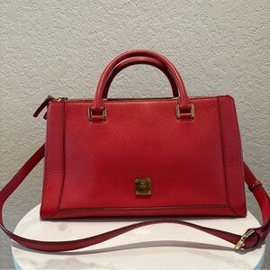 MCM Coral Leather Tote Handbag With Strap